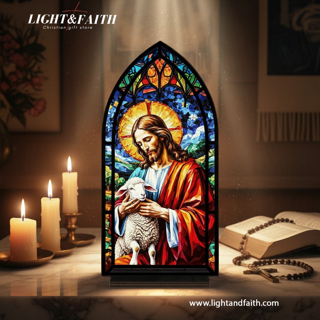 Christian Jesus The Good Shepherd Book Nook Decor, Stained Glass Window Style LED Light, Religious Home Altar Decoration, Faith Gift for Prayer and Blessing BNLAF16